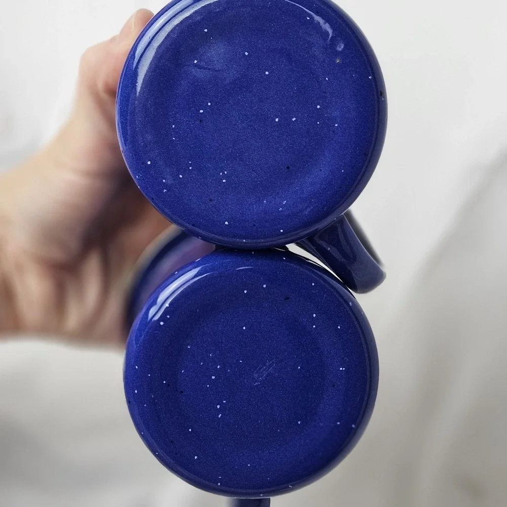 2 Enamelware Coffee Water Cup Blue Speckled 3-1/4